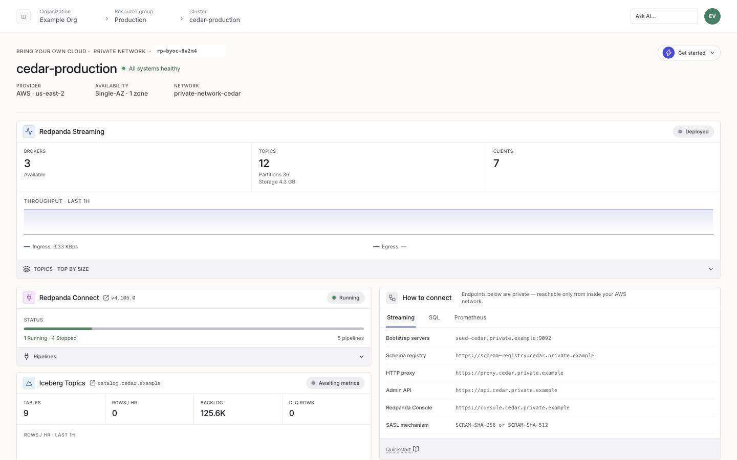 BYOC cluster overview with configured products and private networking.