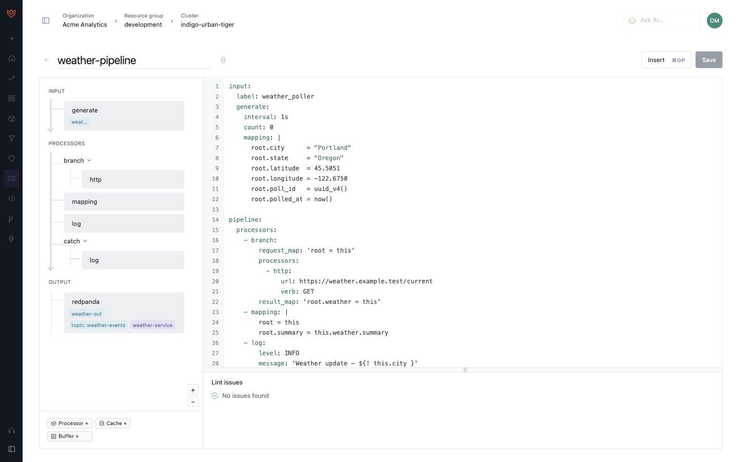 Pipeline IDE: Edit the weather pipeline in YAML and explore its visual structure.