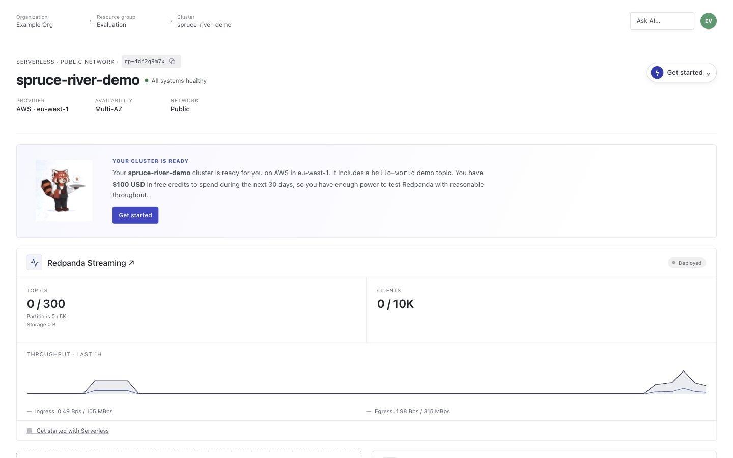 Free trial UX: Your cluster is ready. Open Get started in the welcome banner to explore the first-session drawer.